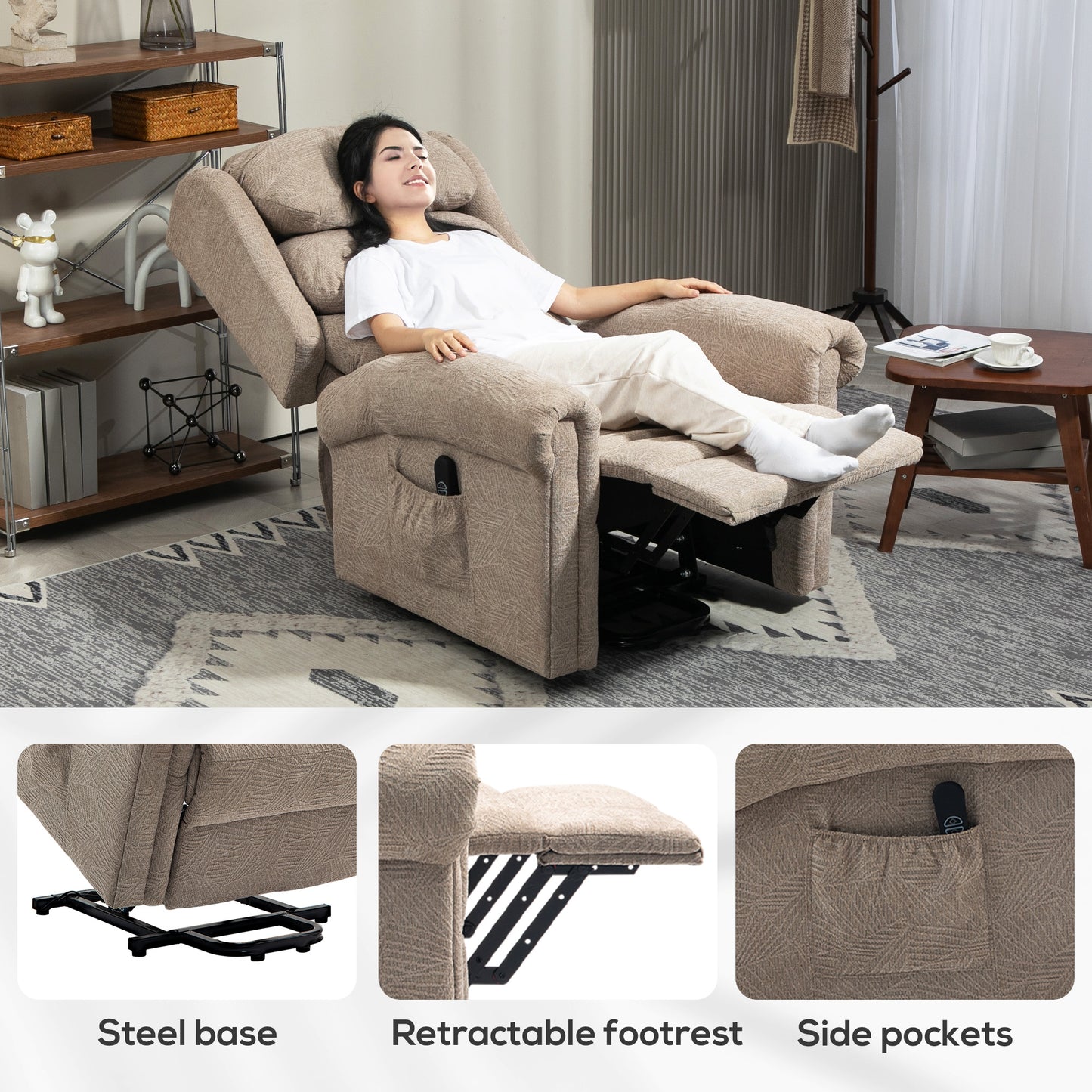 HOMCOM Velvet-Feel Electric Riser Recliner Chair - Khaki