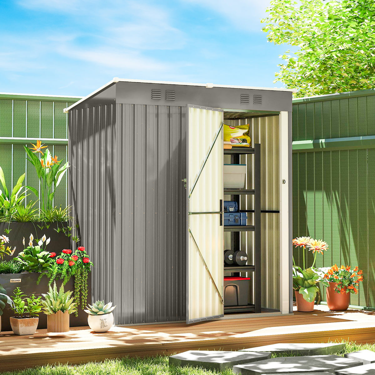 Outsunny 5 x 3 ft Lean-to Garden Shed, Outdoor Storage Shed with Lockable Door and Vents, Light Grey