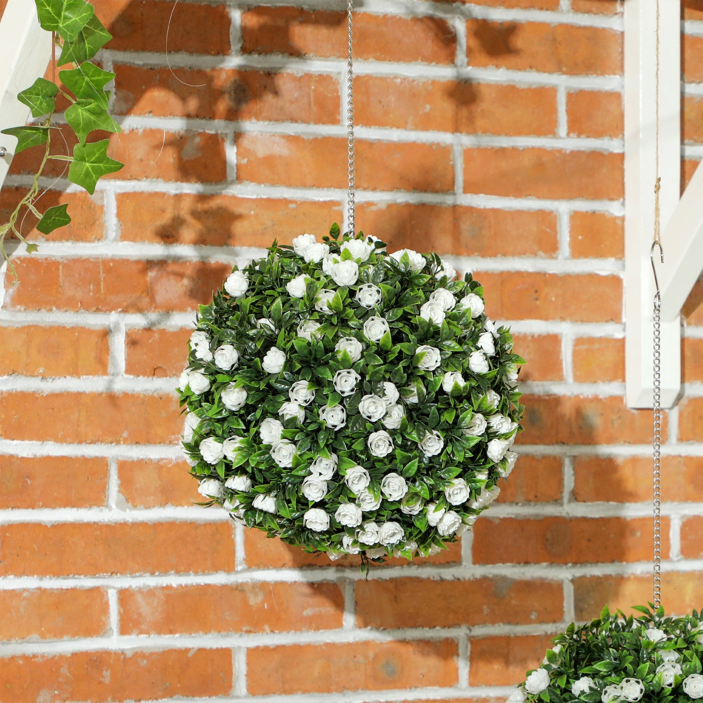 HOMCOM Set of 2 Decorative Artificial Plants, UV-protected Artificial Plant Topiary Rose Balls, Fake Plants for Home Indoor outdoor Decor, 28cm, White-Artificial Non-Flowering Plants-ChewyGames-ChewyGames