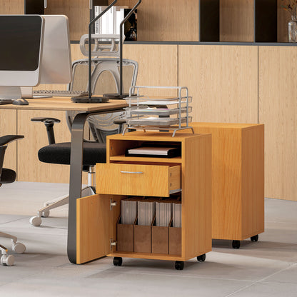 HOMCOM Filing Cabinet, Mobile File Cabinet with 2 Lockable Drawers, Office Home Organiser on Wheels for A4, Letter-Size File Folders, Mobile Printer with Open Shelf, Natural Wood Finish