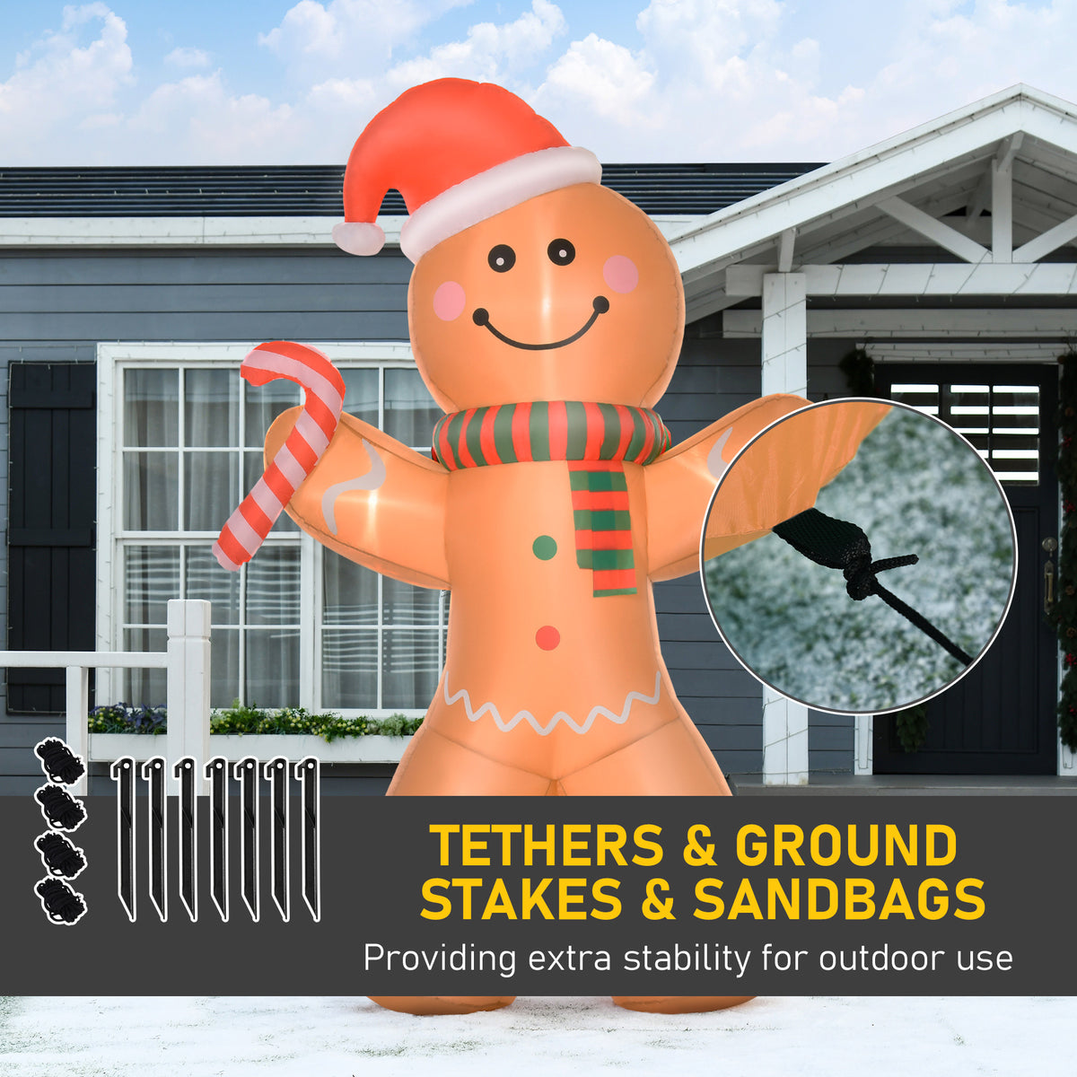 HOMCOM 8ft Christmas Inflatable Gingerbread Man, Lighted Blow Up Yard Decor Indoor Outdoor Garden Lawn Party Prop