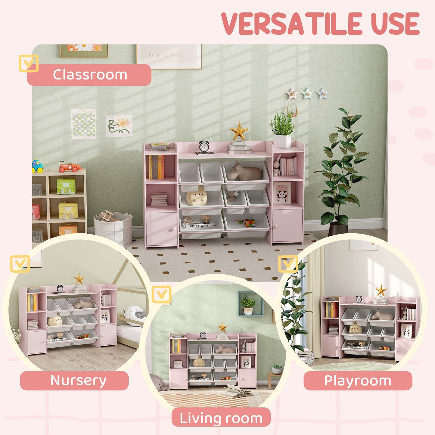 AIYAPLAY Kids Toy Organizers and Storage with 8 Removable Storage Bins and Bookshelf, Pink