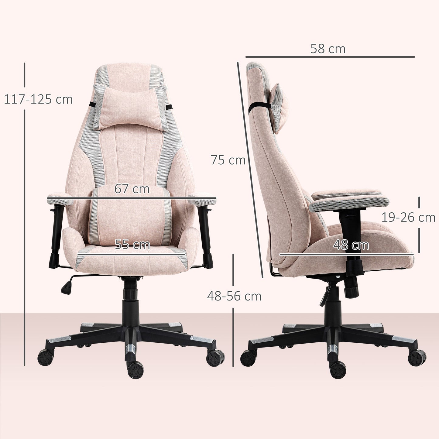 Fabric Gaming Chair with Lumbar Support, Headrest - Pale Pink