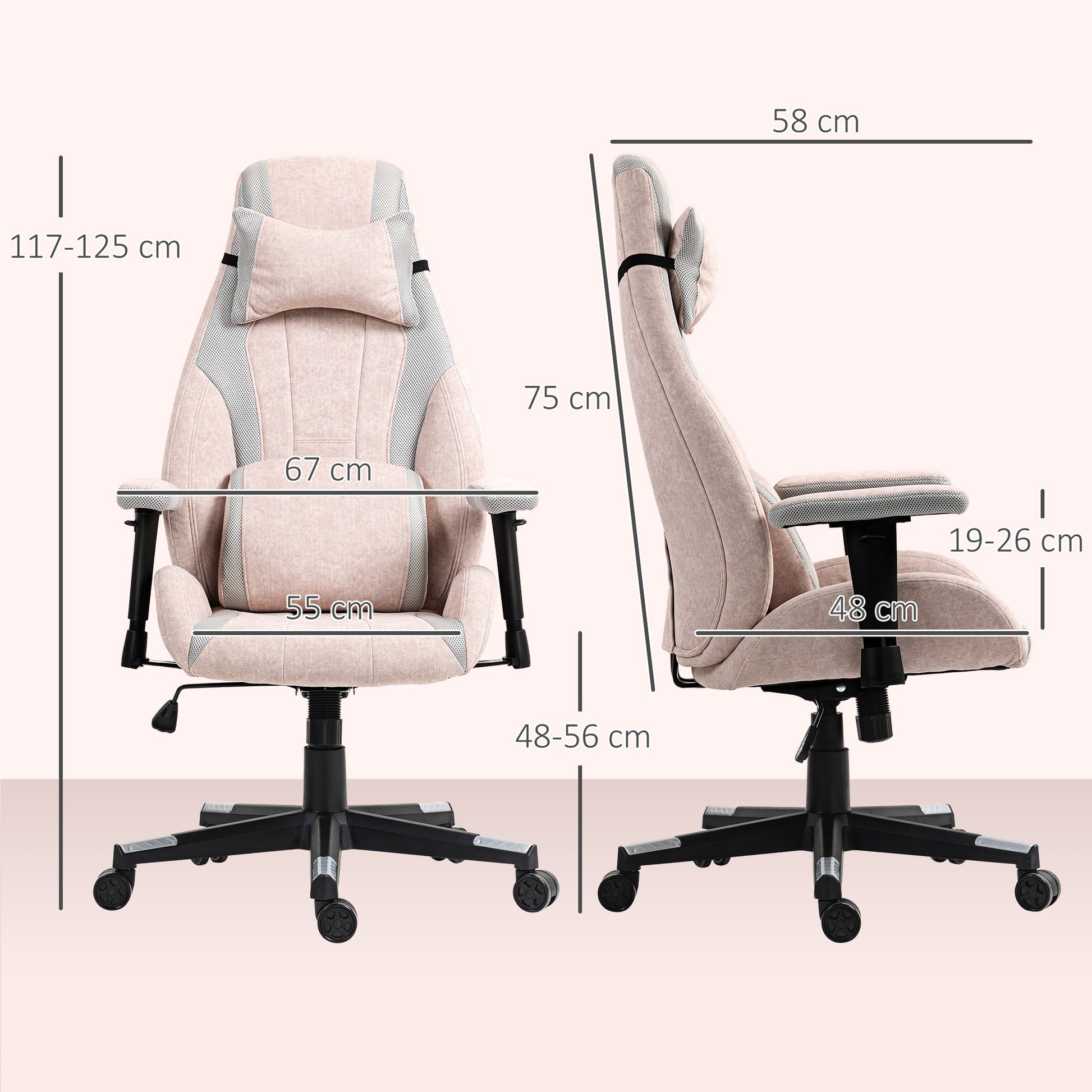 HOMCOM Fabric Gaming Chair with Lumbar Support, Headrest - Pale Pink--ChewyGames-ChewyGames