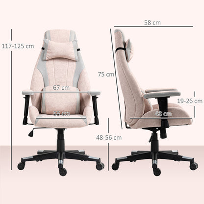 HOMCOM Fabric Gaming Chair with Lumbar Support, Headrest - Pale Pink--ChewyGames-ChewyGames
