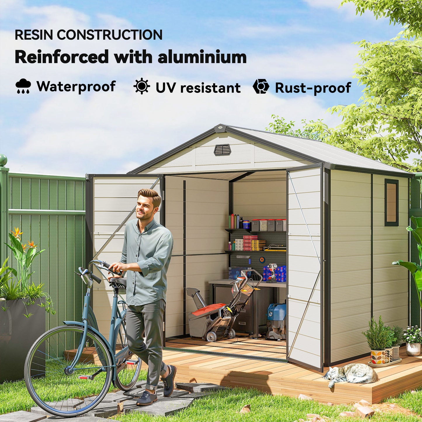 Outsunny 7.9ft x 6.2ft Recycled Garden Shed with Aluminium Frame and Plastic,  Wall Shed with Foundation, Waterproof and Rustproof - Cream White