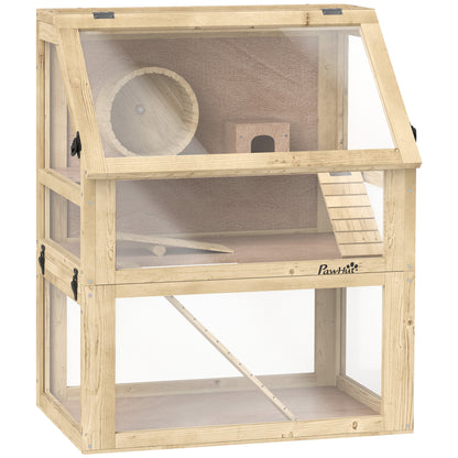 PawHut Wooden Hamster Cage with Detachable 32cm Deep Bottom, Hut, Seesaw, Exercise Wheel, Ramp, 60 x 40 x 75cm, Natural--ChewyGames-ChewyGames
