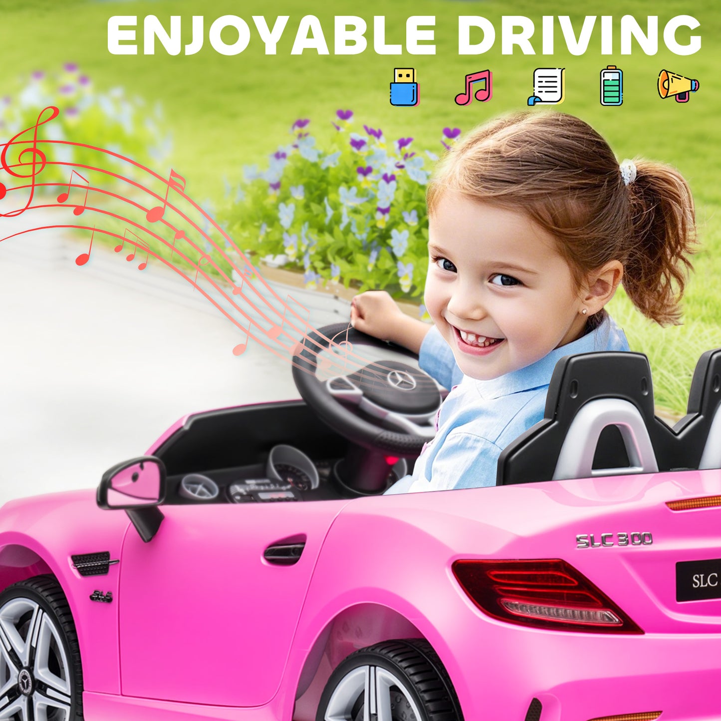 HOMCOM Benz SLC 300  Licensed 12V Kids Electric Ride On, with Music, Remote Control, LED Headlights, Horn, Pink