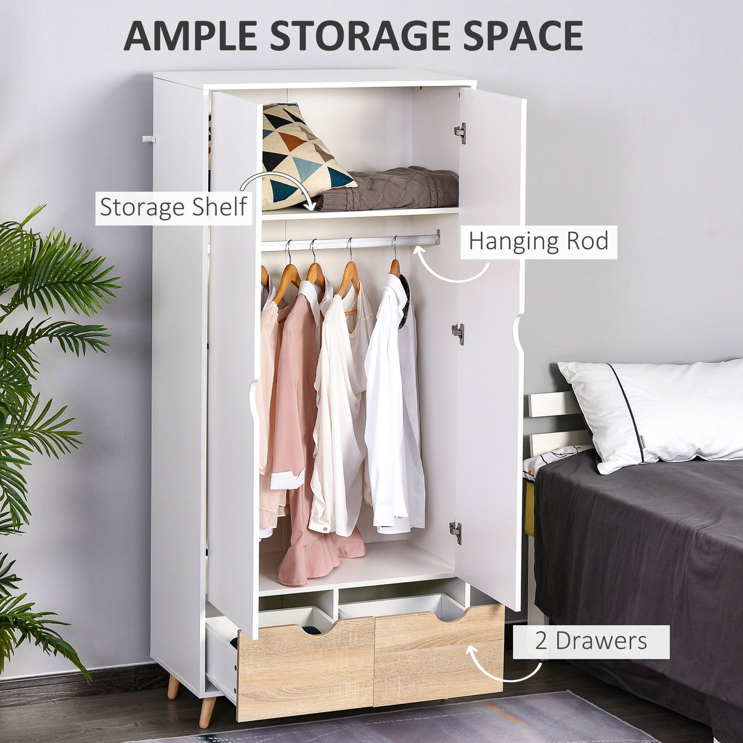 HOMCOM 2-Door Clothes Wardrobe w/ Rail Shelf 2 Drawers Wood Feet Elegant Home Storage Organisation Furniture, White