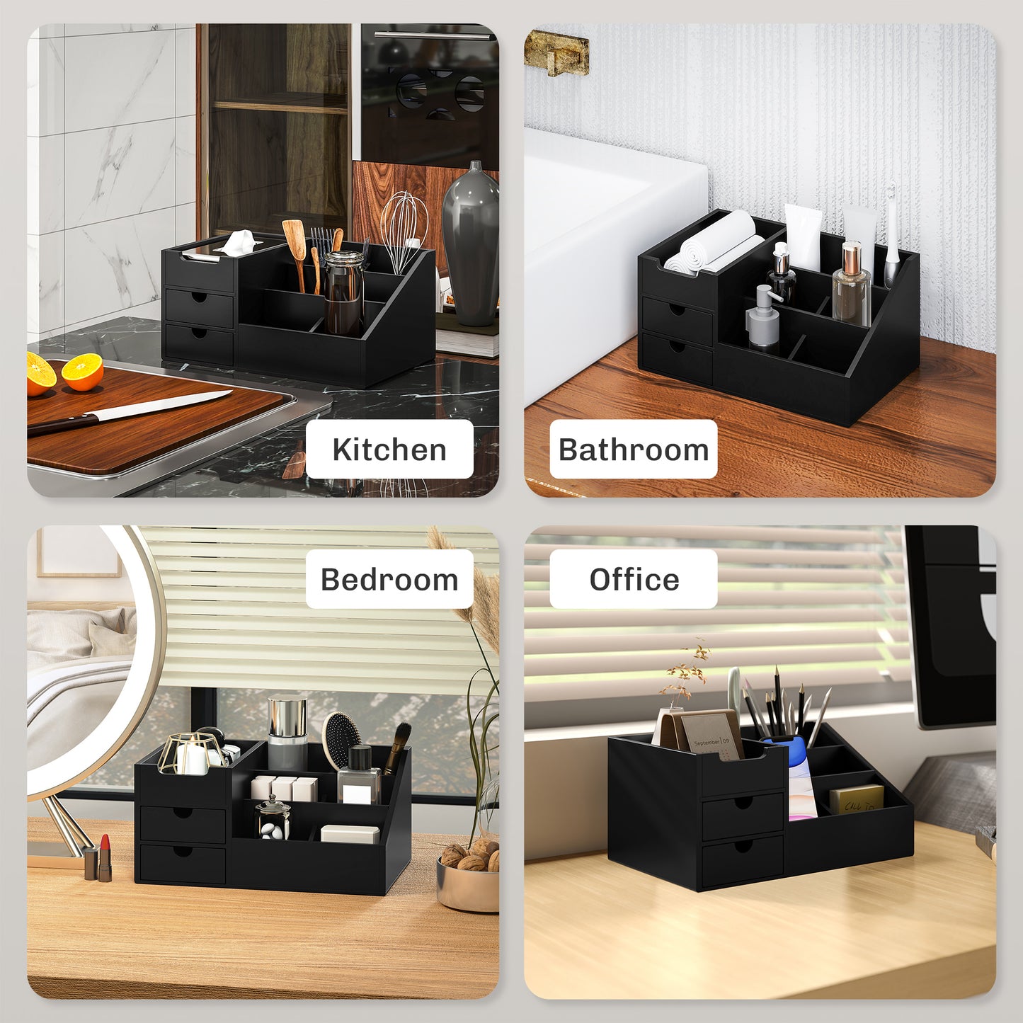 HOMCOM Desk Organiser Holder, Bamboo Multi-Function Storage Caddy with 7 Storage Compartments and 2 Drawers for Home Office Stationary Supplies, Black