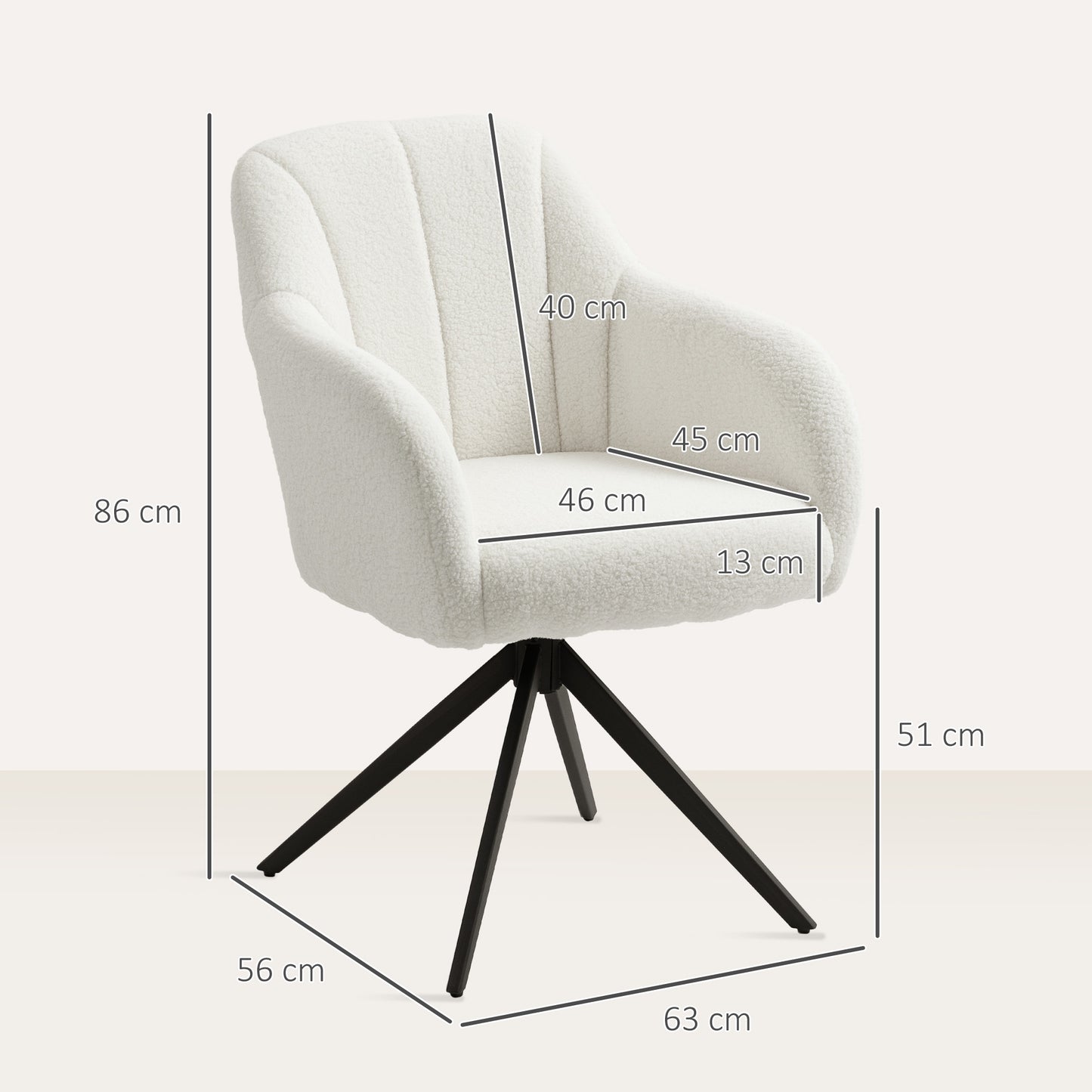 HOMCOM 360 Degree Swivel Accent Chair, Teddy Fleece Fabric Armchair, Upholstered Tufted Vanity Chair with Steel Legs for Living Room, Bedroom, Home Office, White