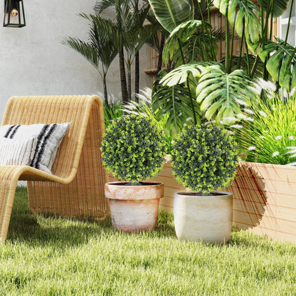 HOMCOM Set of 2 40 cm Artificial Boxwood Topiary Ball Bush with Integrated Ground Stake, Indoor Outdoor UV Resistant Faux Greenery, Faux Plants for Garden, Porch, Balcony
