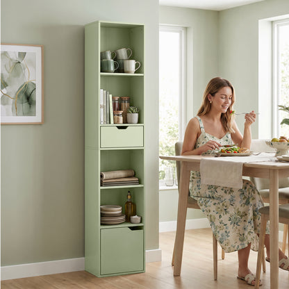 HOMCOM 6-Tier Bookcase, Tall Narrow Bookshelf with Drawer and Door - Green