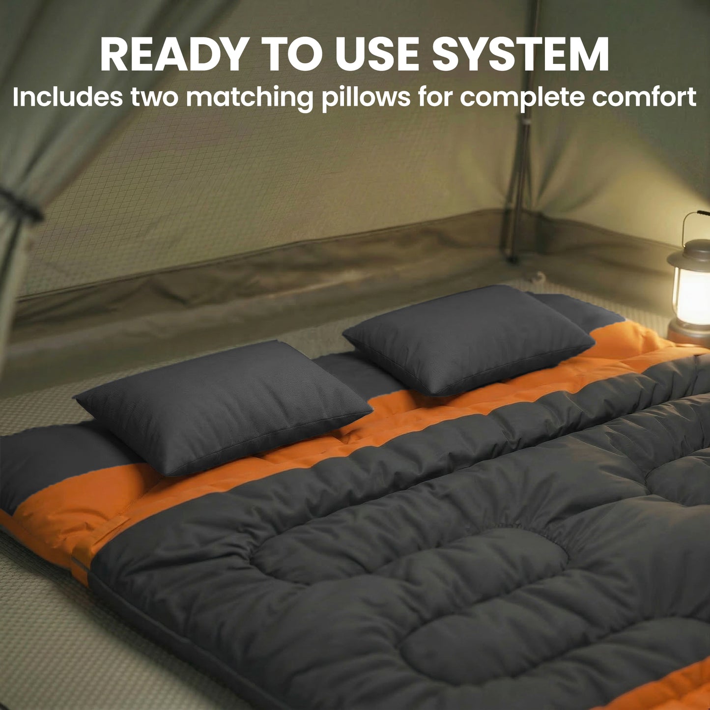 Outsunny Double Sleeping Bag with 2 Pillows, 220 x 160 cm Extra-Large Sleeping Bag for Adults, Grey and Orange