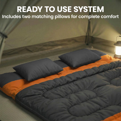 Outsunny Double Sleeping Bag with 2 Pillows, 220 x 160 cm Extra-Large Sleeping Bag for Adults, Grey and Orange