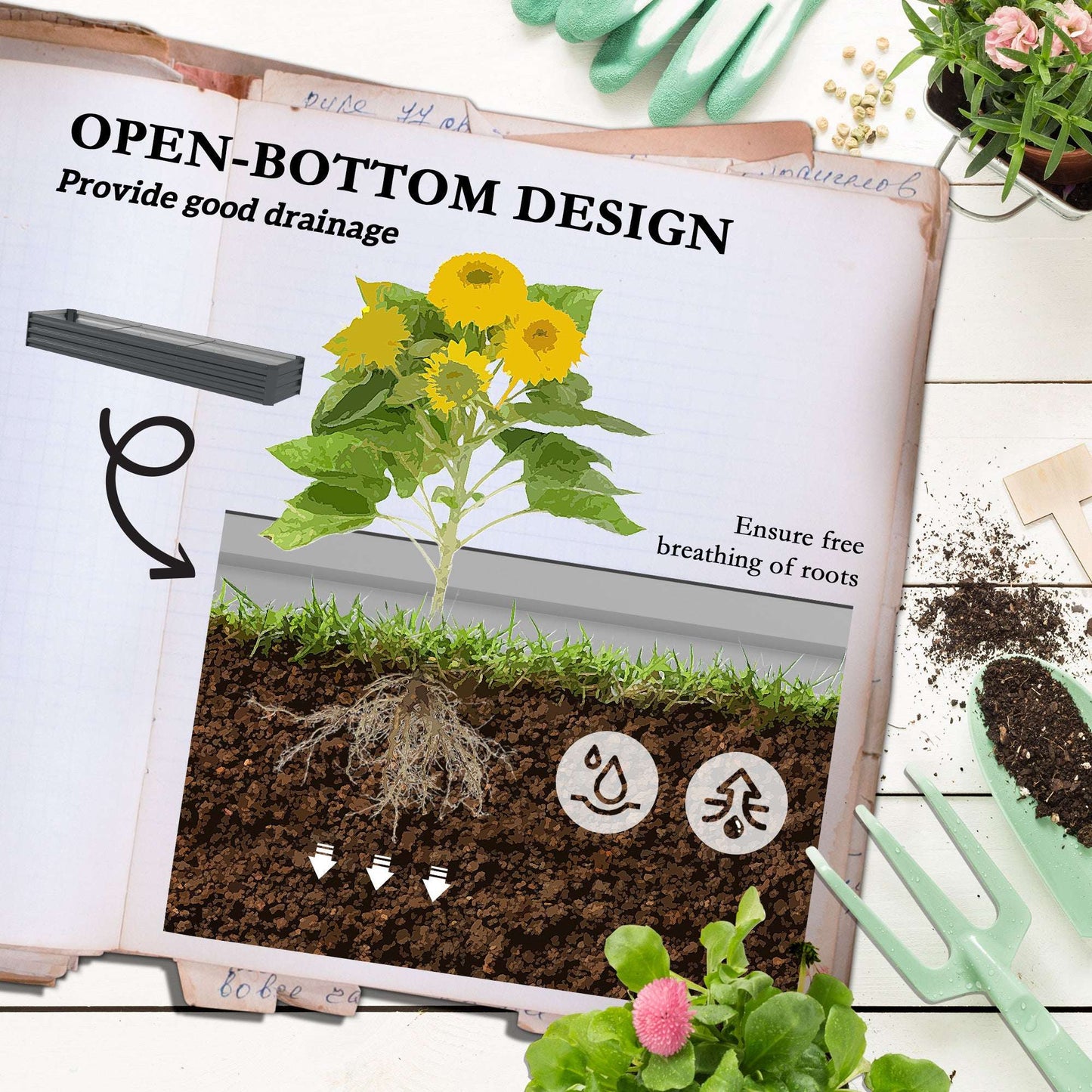 Outsunny 60 x 240cm Galvanised Steel Planter, with Open Bottom, Pack of 2
