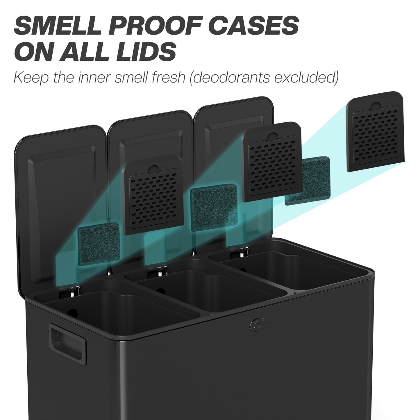 HOMCOM 3 x 20L Pedal Bin, Steel Triple Kitchen Bin with Soft Close Lid, Removable Inner Buckets, Fingerprint-Proof, Black