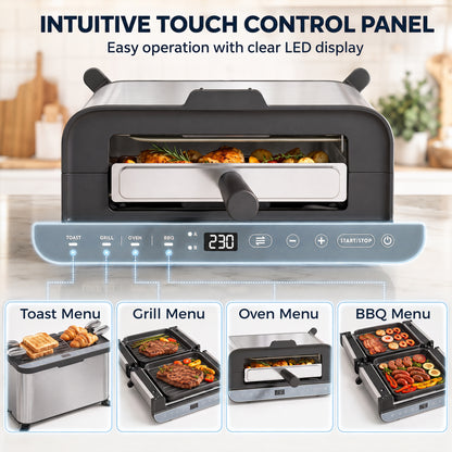 HOMCOM 3-in-1 Electric Mini Oven, Long Slot Toaster and Tabletop Grill, with LED Display, 60 Min Timer, Stainless Steel, 1700W