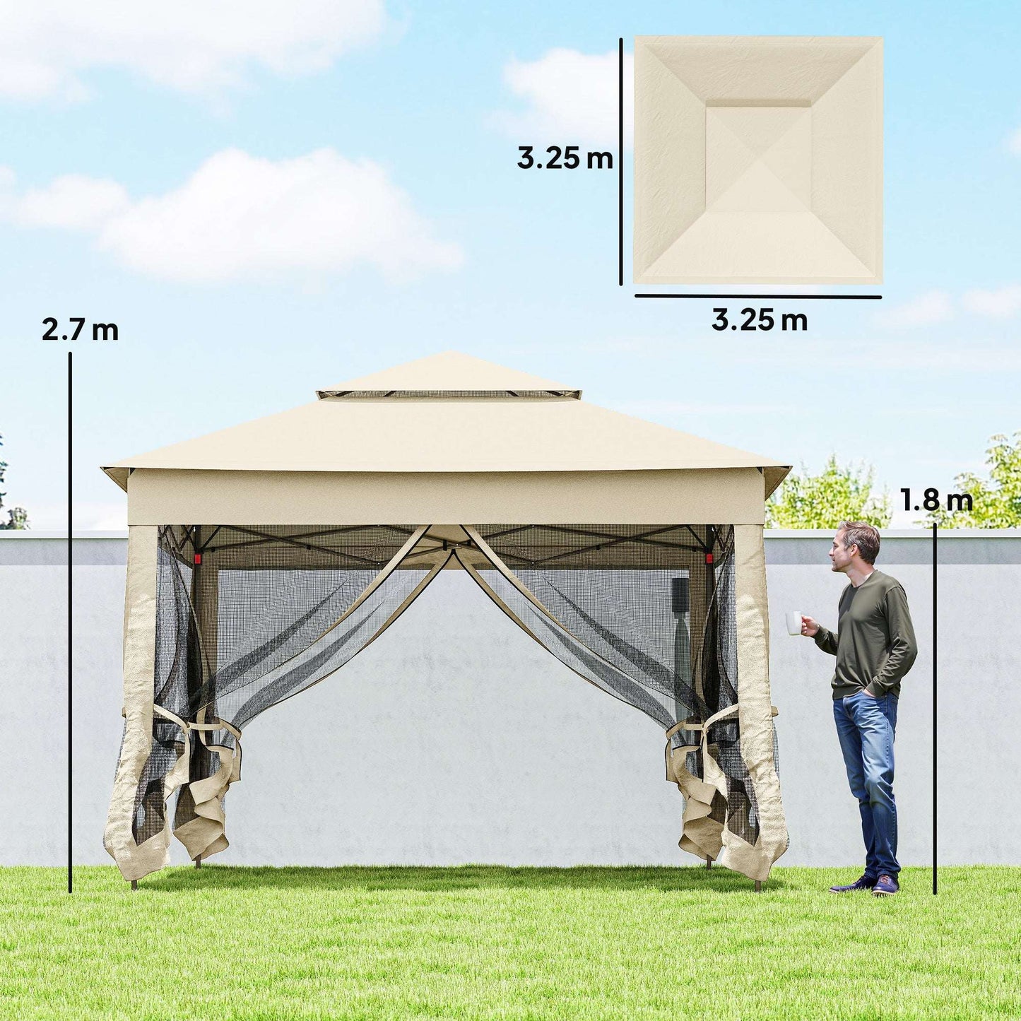 Outsunny 3 x 3(m) Pop Up Gazebo, Double-roof Garden Tent with Netting and Carry Bag, Party Event Shelter for Outdoor Patio, Cream White