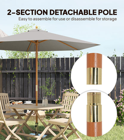 Outsunny 2.5m Wood Garden Parasol Sun Shade Patio Outdoor Wooden Umbrella Canopy, Table Market Umbrella with Vent, 38mm Pole, Rope Pulley Mechanism, Grey