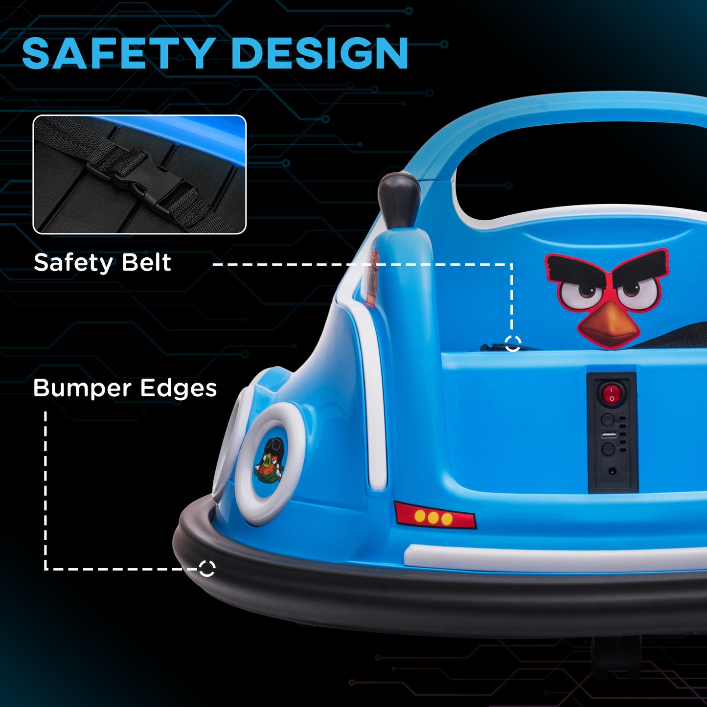AIYAPLAY Angry Bird Licensed Waltzer Car, 12V Kids Bumper Car w/ Joysticks, Remote, Music LED Lights, Blue