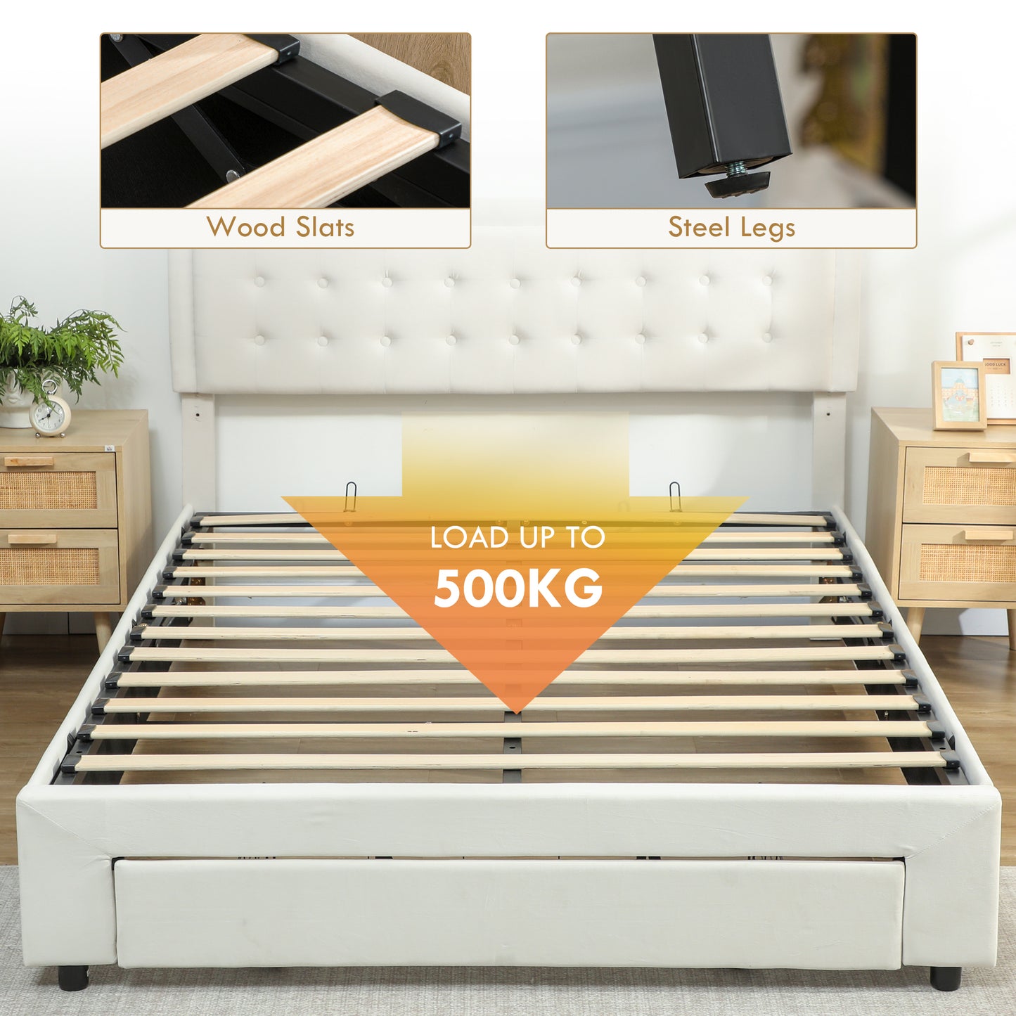 HOMCOM King Size Ottoman Bed Frame, with Front Drawer Cream