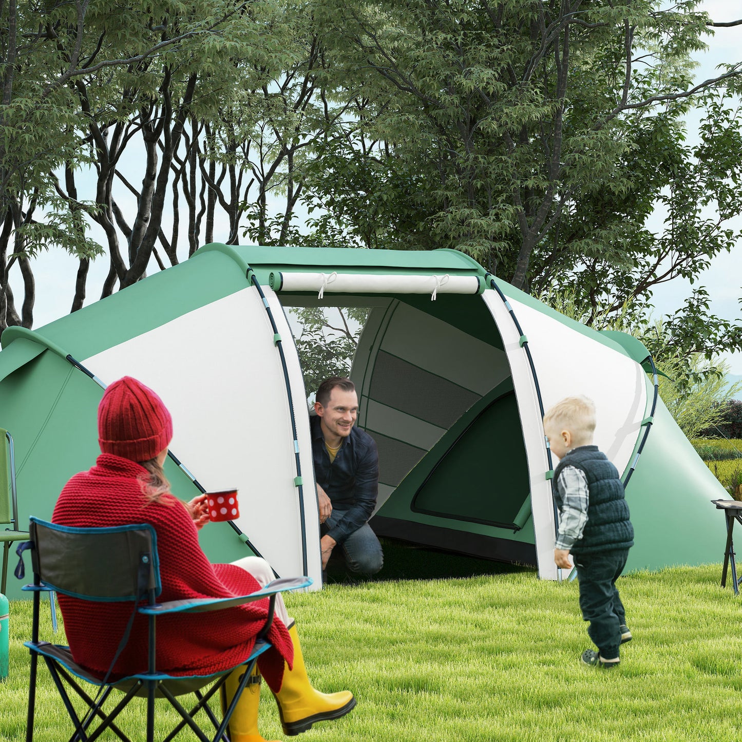 Outsunny 4-6 Man UV Protection Camping Tent - Green and White
