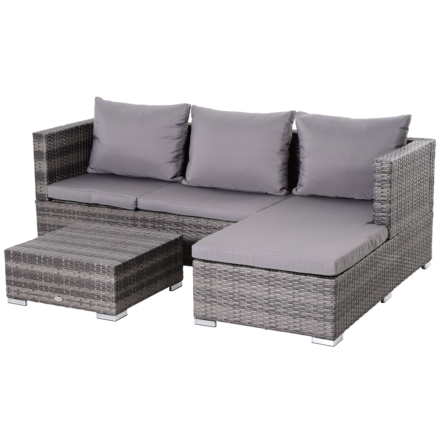 Outsunny 3PC Rattan Garden Furniture Storage Sofa Set, 4 Seater Wicker Coffee Table Conservatory Sun Lounger Reclining Set with Cushion, Grey