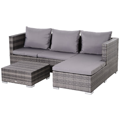 Outsunny 3PC Rattan Garden Furniture Storage Sofa Set, 4 Seater Wicker Coffee Table Conservatory Sun Lounger Reclining Set with Cushion, Grey