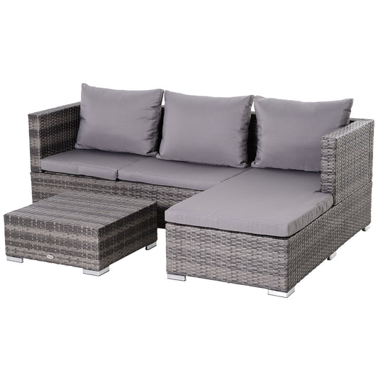 Outsunny 3PC Rattan Garden Furniture Storage Sofa Set, 4 Seater Wicker Coffee Table Conservatory Sun Lounger Reclining Set with Cushion, Grey
