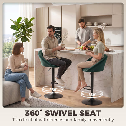 HOMCOM Bar Stools Set of 2 Adjustable Swivel Velvet Breakfast Bar Stools with Backrest, Dark Green