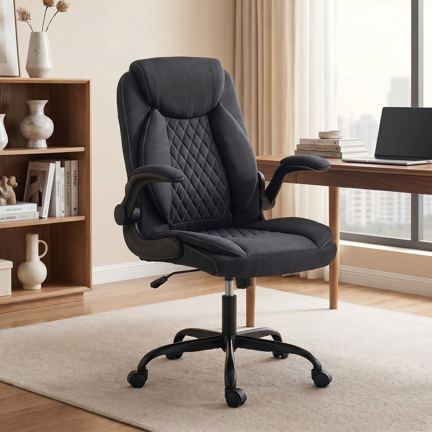 HOMCOM Linen-Look Computer Desk Chair, Executive Office Chair with Flip-Up Armrests and Thick Cushion, Black