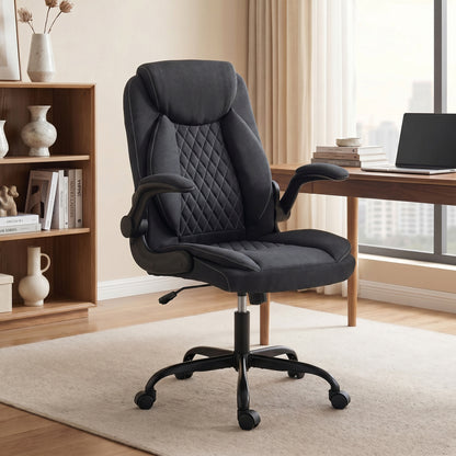 HOMCOM Linen-Look Computer Desk Chair, Executive Office Chair with Flip-Up Armrests and Thick Cushion, Black