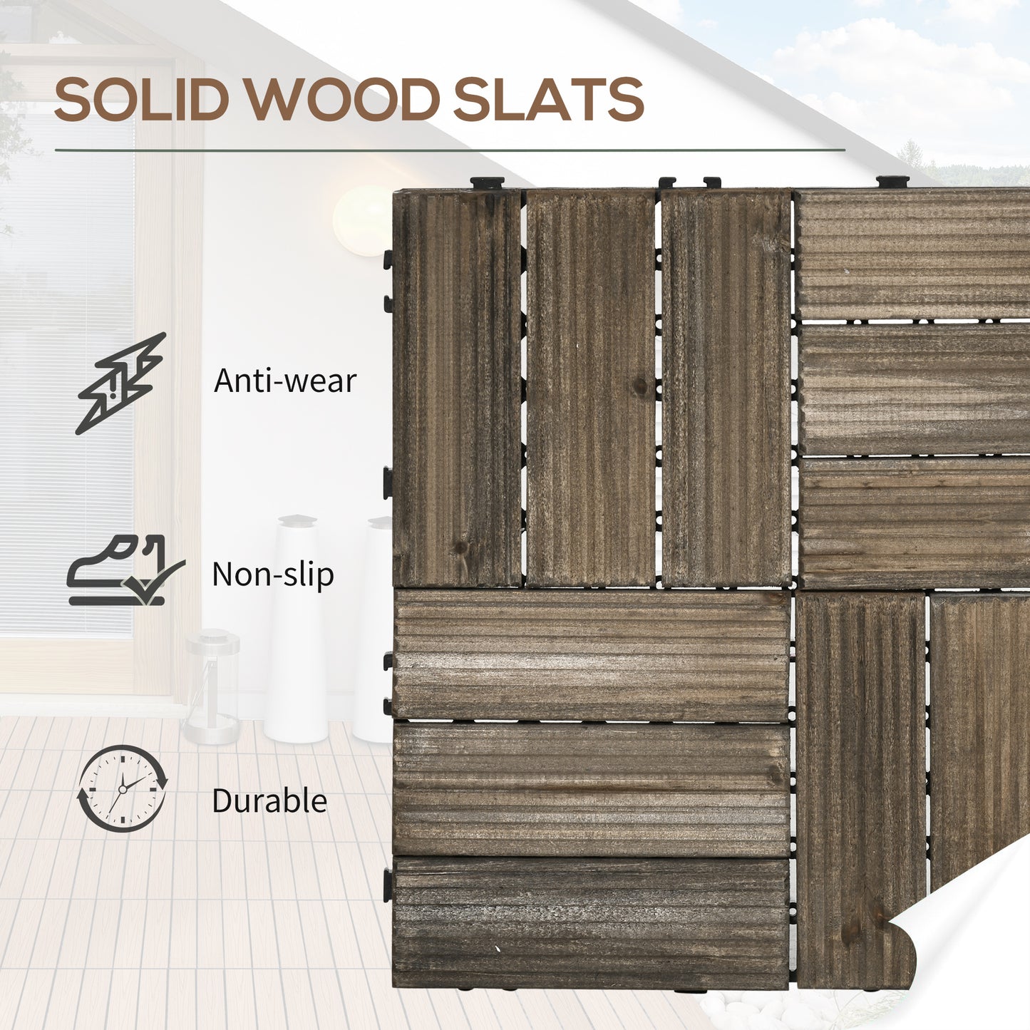 Outsunny 27 Pcs Wooden Interlocking Decking Tiles, Outdoor Flooring Tiles for Patio, Balcony, Terrace, Hot Tub, 30 x 30 cm per Piece, 2.5㎡ per Pack, Charcoal Grey