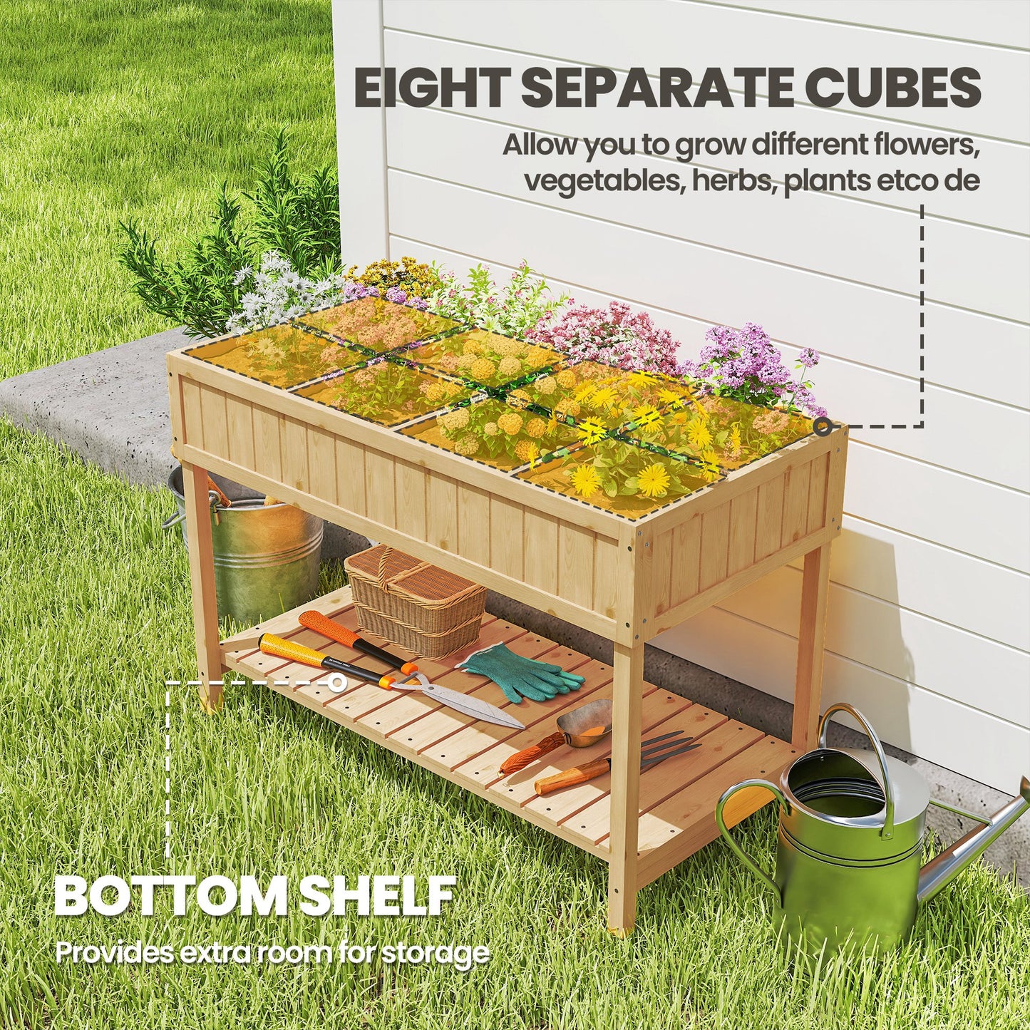Outsunny Garden Wooden Planters, Rectangular 8 Compartment Plant Stand, Oak Tone