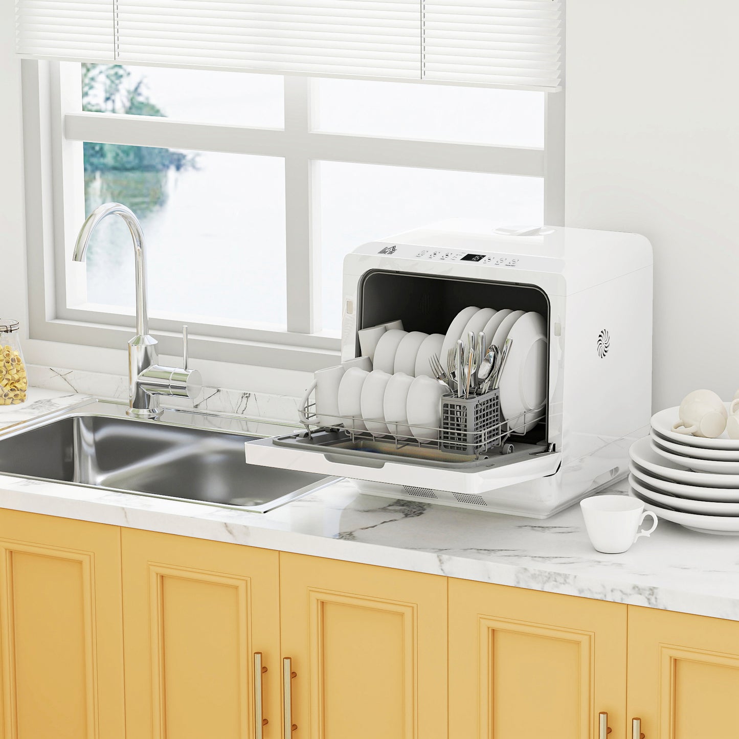 HOMCOM Table Top Dishwasher with Built-in 6L Water Tank, Mini Countertop Dishwasher with 6 Programs, 4 Place Settings, White