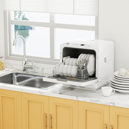 HOMCOM Table Top Dishwasher with Built-in 6L Water Tank, Mini Countertop Dishwasher with 6 Programs, 4 Place Settings, White
