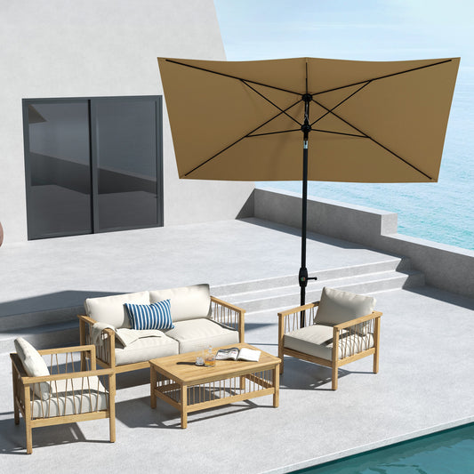 Outsunny 3 x 2 m Garden Parasol Umbrella with Aluminium Pole, UPF 50+ Rectangular Outdoor Table Parasol Sun Shade with Crank & Push Button Tilt, Metal Ribs, Brown
