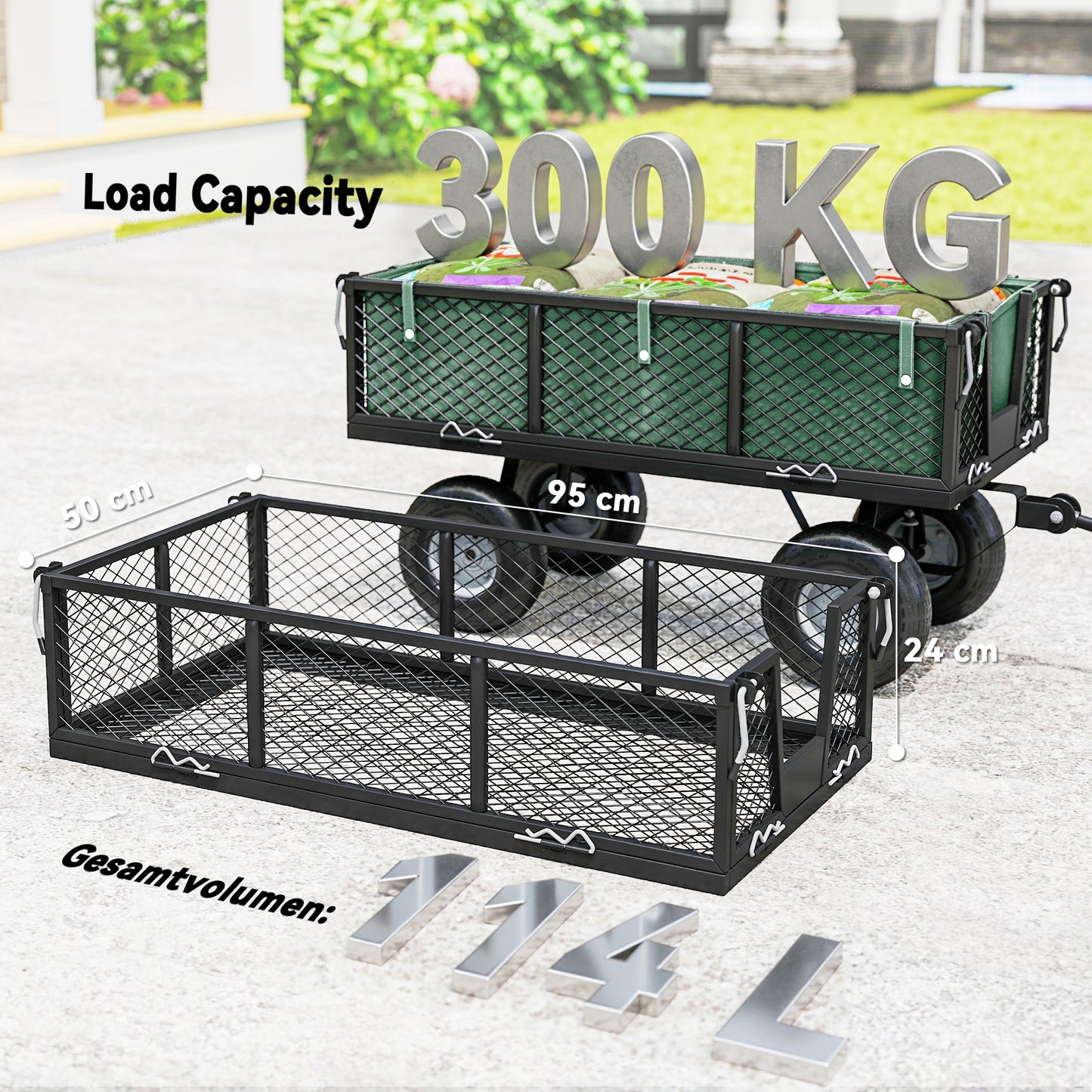 Outsunny 114L Steel Frame Garden Cart Trolley - Green
