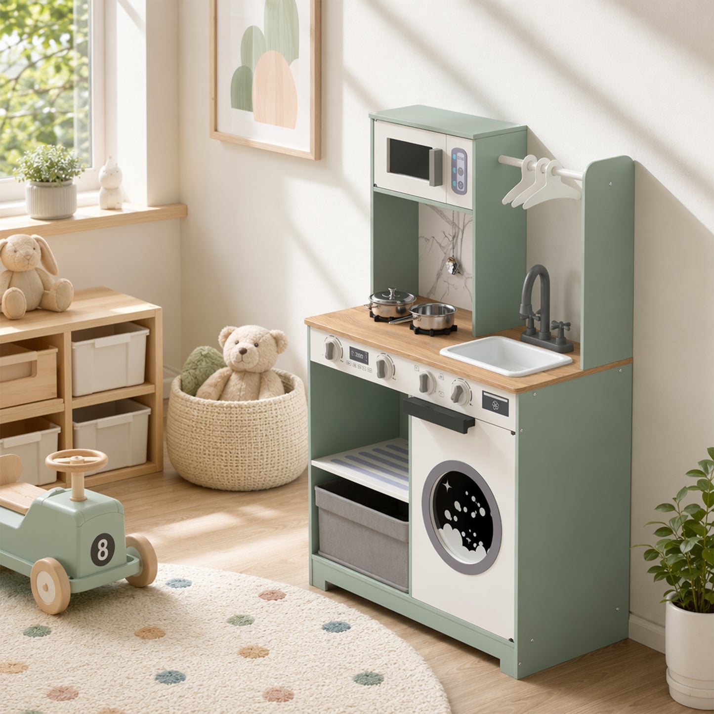 AIYAPLAY Kids Play Kitchen, Pretend Play Toy Kitchen Playset with Stove, Sink, Microwave, 5Pcs Accessories for 3-6 Years, Green