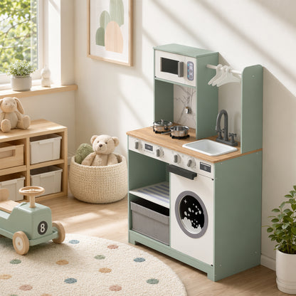 AIYAPLAY Kids Play Kitchen, Pretend Play Toy Kitchen Playset with Stove, Sink, Microwave, 5Pcs Accessories for 3-6 Years, Green