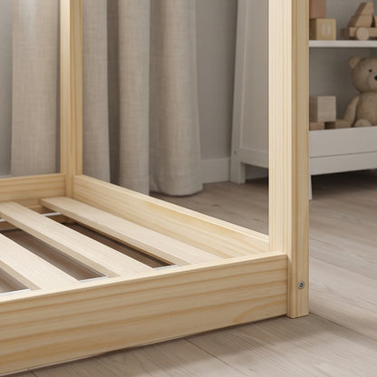 HOMCOM Single Bed Frame, House Scandinavian Wooden Bed Frame for 90W x 190Dcm Mattress, Pine Wood Bed Base, Natural Wood Finish