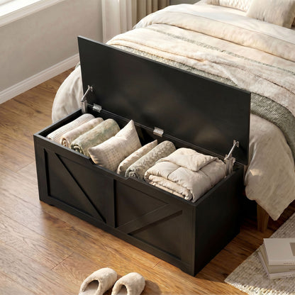 HOMCOM 127L Home Storage Box, with Safety Hinges - Black Wood-Effect