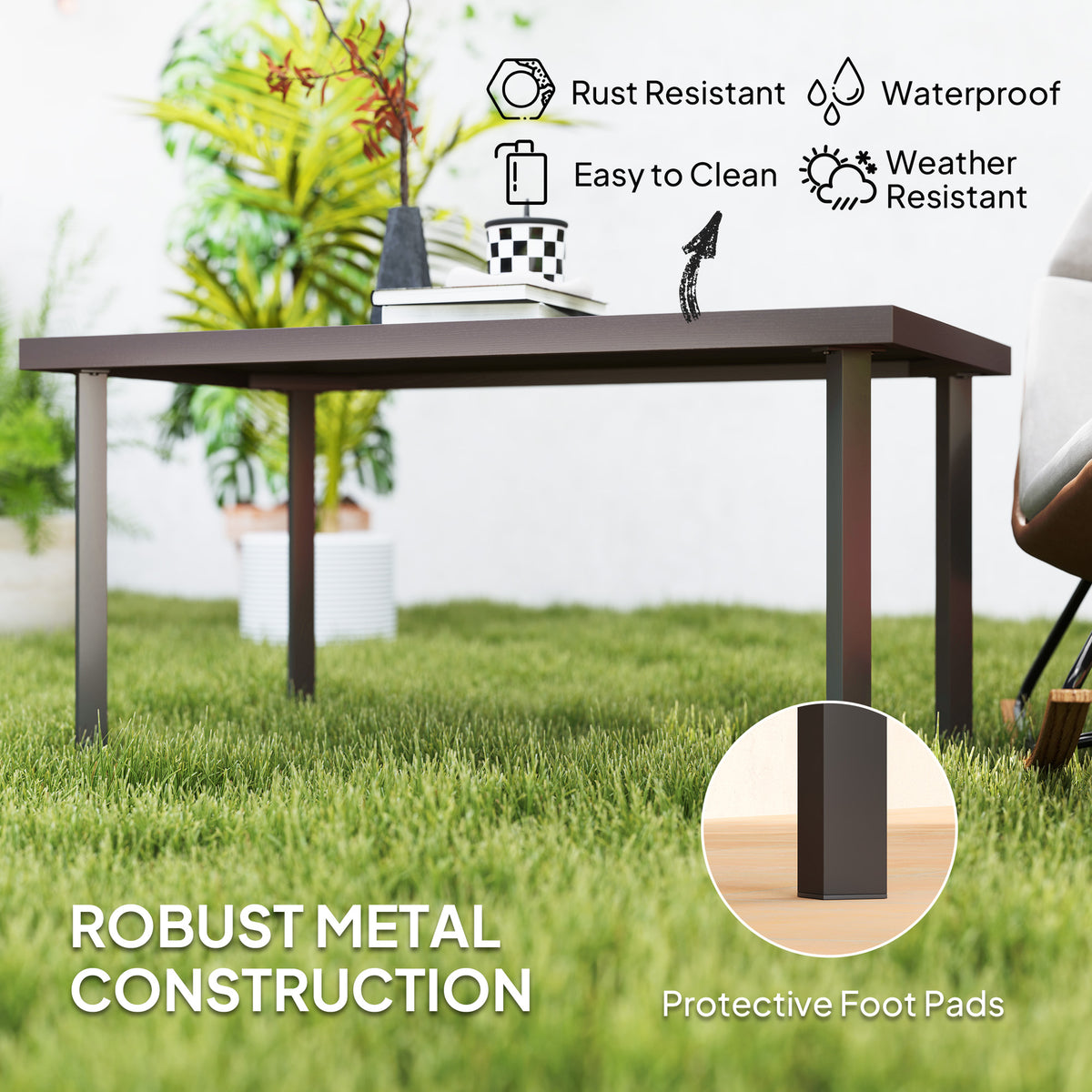 Outsunny Metal Garden Coffee Table, Rectangular Outdoor Side Table with Woodgrain Tabletop, Foot Pads for Outside, Garden, Balcony, Porch, 95 x 55 x 46cm, Brown