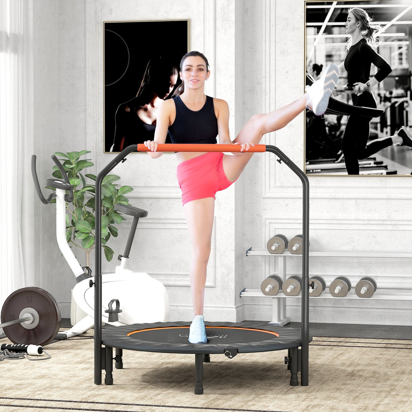 HOMCOM 48" Foldable Mini Fitness Trampoline, with Adjustable Foam Handle, Orange