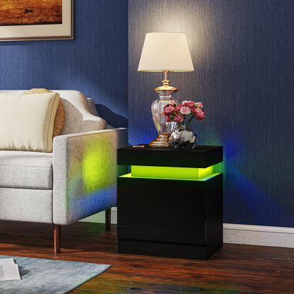 HOMCOM Black Bedside Table with LED Light, High Gloss Front Nightstand with 2 Drawers, for Living Room, Bedroom, Set of 2