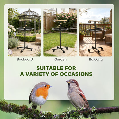 PawHut Parrot Perch Stand, Large Bird Play Stand, Metal Bird Table Feeder Station with Stainless Steel Bowls, Four Wheels, Round Tray, Black