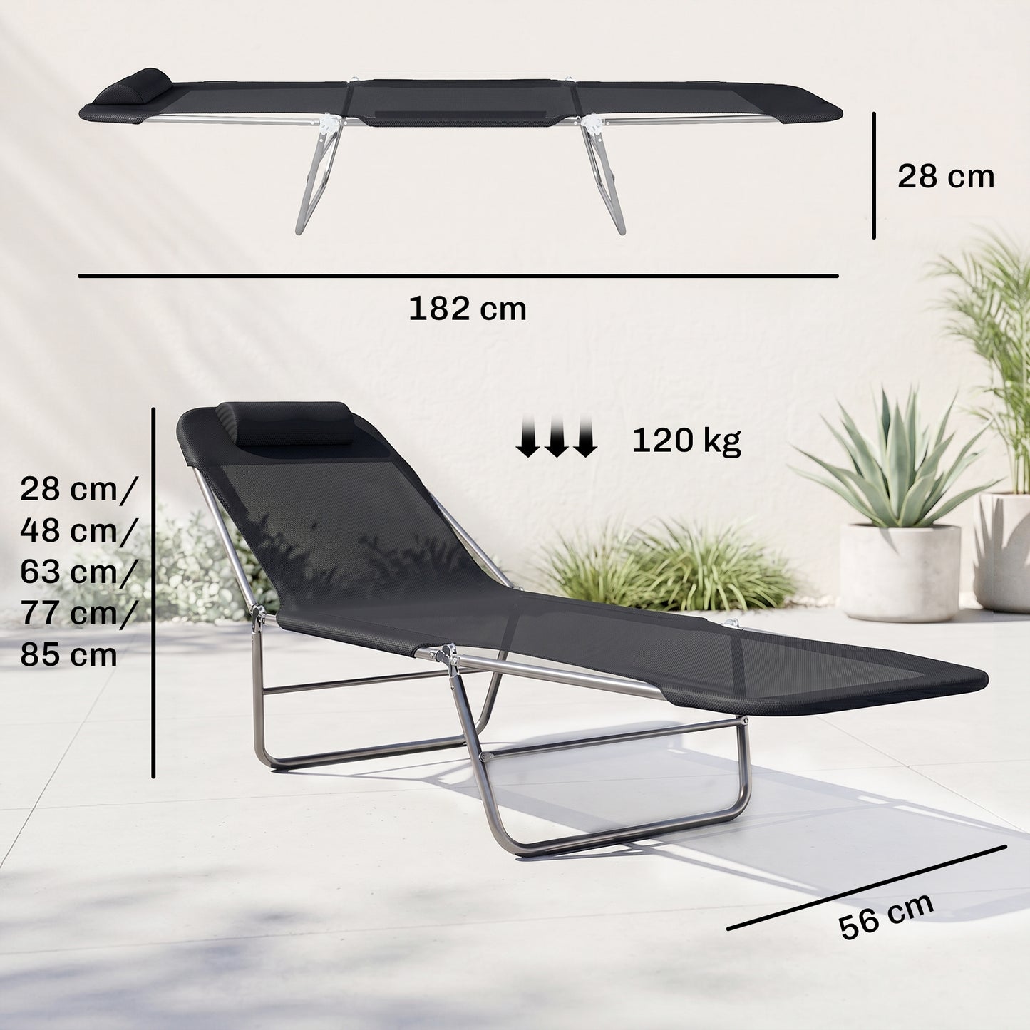 Outsunny Folding Sun Lounger, Texteline Reclining Sun Bed with 5 Position Adjustable Backrest, Headrest, Black-Sunbeds-ChewyGames-ChewyGames