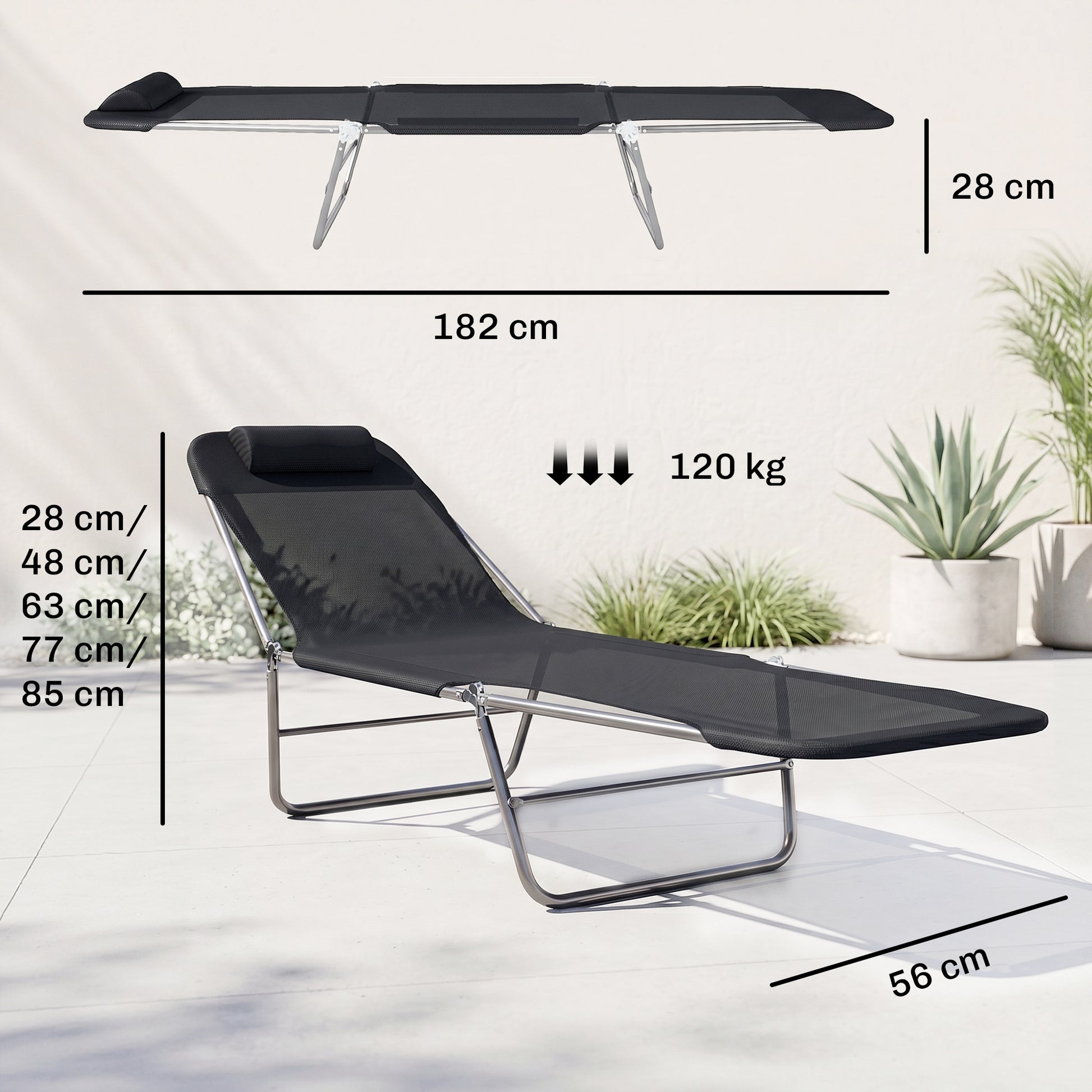 Outsunny Folding Sun Lounger, Texteline Reclining Sun Bed with 5 Position Adjustable Backrest, Headrest, Black-Sunbeds-ChewyGames-ChewyGames