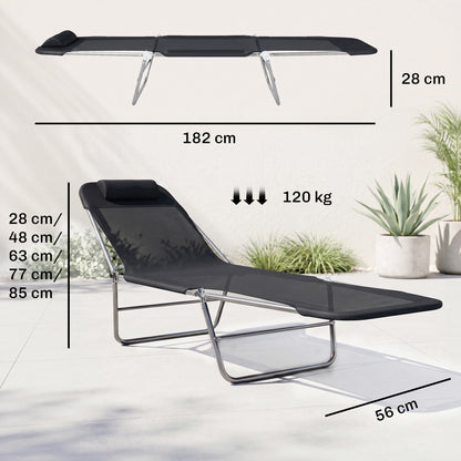 Outsunny Folding Sun Lounger, Texteline Reclining Sun Bed with 5 Position Adjustable Backrest, Headrest, Black-Sunbeds-ChewyGames-ChewyGames